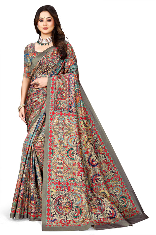 Madhubani Print Manipuri Silk Saree for Women | Indian Ethnic Party & Casual Wear | Unstitched Blouse Included-Grey