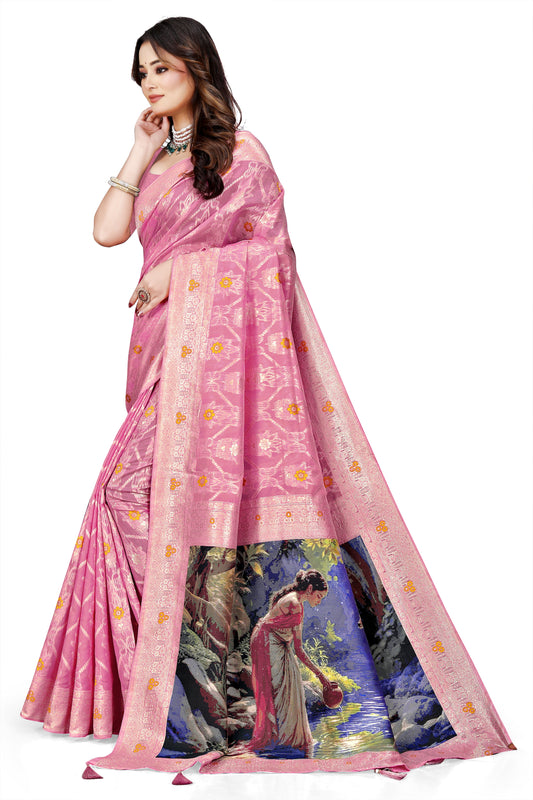 OWLSKY, SASSY & STYLO Jacquard Saree for Women | Elegant Weaving Work | Jacquard Silk Saree with Unstitched Blouse for Women | Unique Digital Pallu Art Pink
