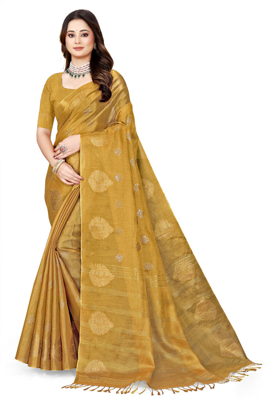 OWLSKY, SASSY & STYLO Women's Elegant Linen Weaving Saree with Unstitched Blouse Piece Yellow