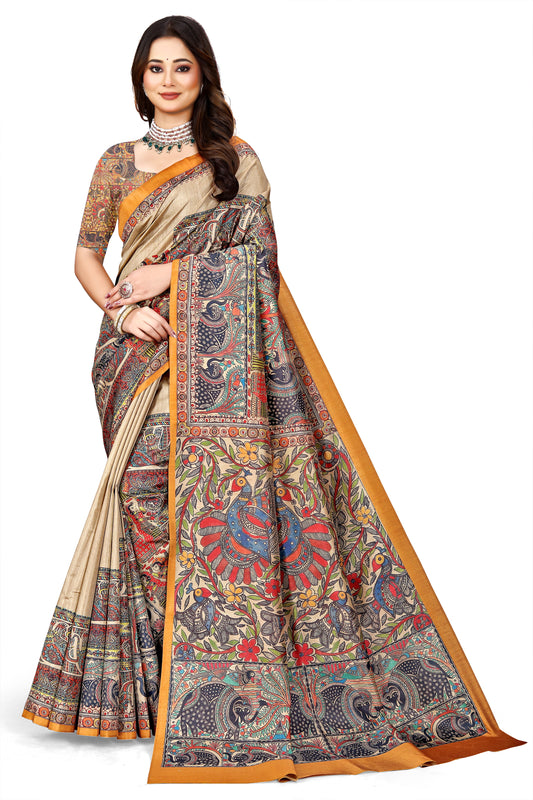 Madhubani Print Manipuri Silk Saree for Women | Indian Ethnic Party & Casual Wear | Unstitched Blouse Included -Orange Border