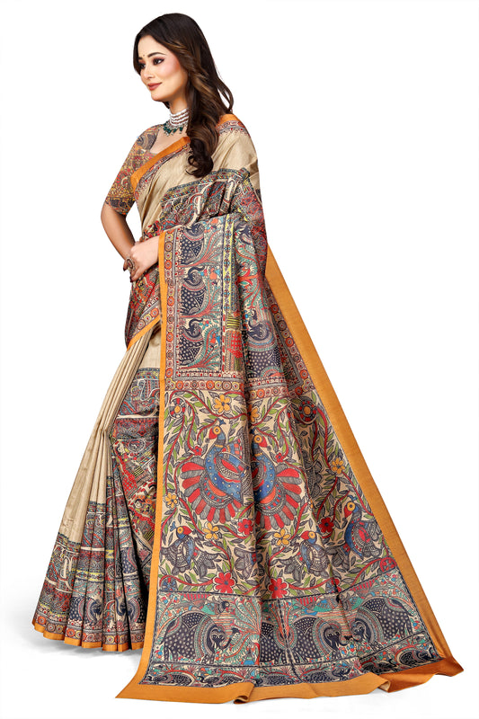 Madhubani Print Manipuri Silk Saree for Women | Indian Ethnic Party & Casual Wear | Unstitched Blouse Included -Orange Border