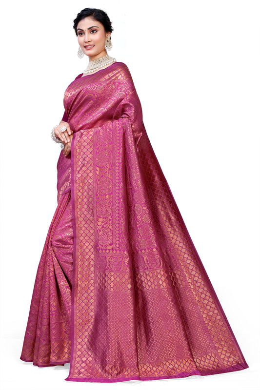 Owl Sky Kanjivaram Cotton Silk Saree for Women with Zari Border | Traditional Indian Saree with Unstitched Blouse Piece | Lightweight Festival Wear Saree | Elegant Soft Cotton Silk Saree Magenta