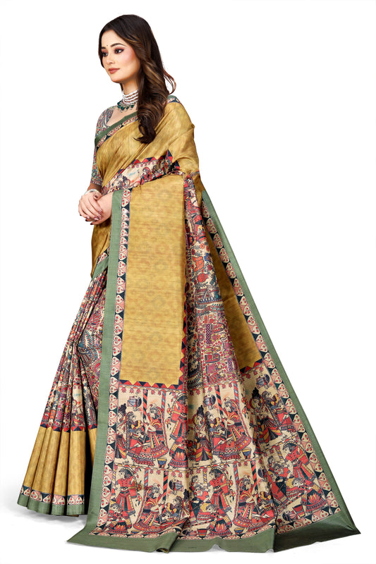 Madhubani Print Manipuri Silk Saree for Women | Indian Ethnic Party & Casual Wear | Unstitched Blouse Included Gold