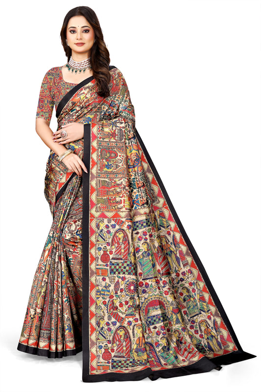 Madhubani Print Manipuri Silk Saree for Women | Indian Ethnic Party & Casual Wear | Unstitched Blouse Included Red