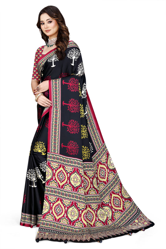 OWLSKY, SASSY & STYLO Womens Japan Satin Saree with Foil Print | Traditional Printed Saree with Unstitched Blouse | Festive Wear Saree for Women | Ethnic Designer Saree Black
