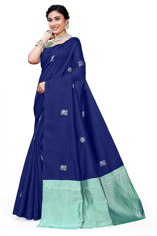 Owlsky Women's Kanjivaram Silk Saree Soft Banarasi Style with Golden & Silver Zari Border | Elegant Silk Look Saree with Unstitched Blouse Piece Navy Blue
