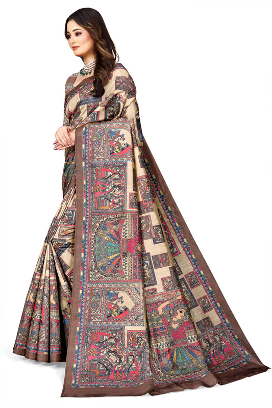 Madhubani Print Manipuri Silk Saree for Women | Indian Ethnic Party & Casual Wear | Unstitched Blouse Included Maroon