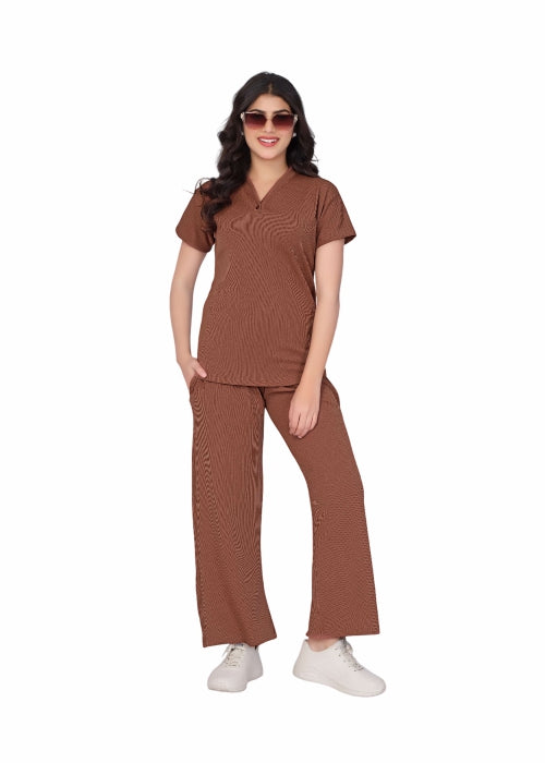 Women's V-Neck Short Sleeve Top and Flared Pants Set