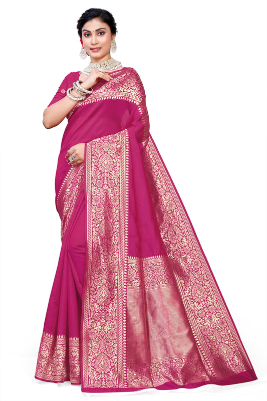 Kanjivaram Cotton Silk Saree for Women with Zari Border | Traditional Indian Saree with Unstitched Blouse Piece | Lightweight Festival Wear Saree | Elegant Soft Cotton Silk Saree Magenta Pink