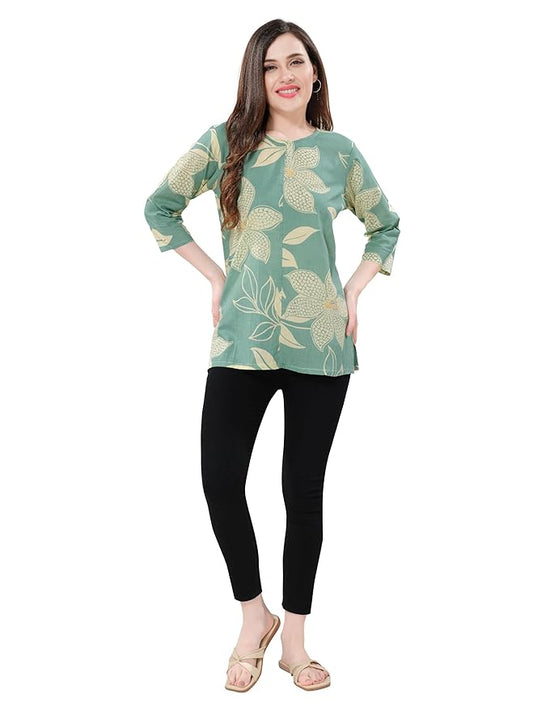 Owl Sky Women’s Pure Cotton Jaipuri Printed Short Kurti – Free Size Blue