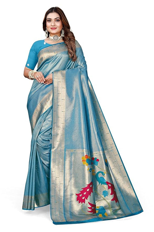 Owlsky Womenās Kanjivaram Silk Saree with Beautiful Paithani Rich Pallu | Design Work Zari Woven Kanjivaram Silk Style Saree With Soft Lichi Silk Blouse Sky Blue