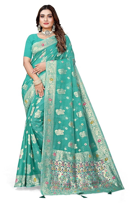 Owlsky Womenās Linen Tissue Silk Saree with Thread Weaving & Siroski Work | Included with Unstriched Blouse Piece | Aqua Blue