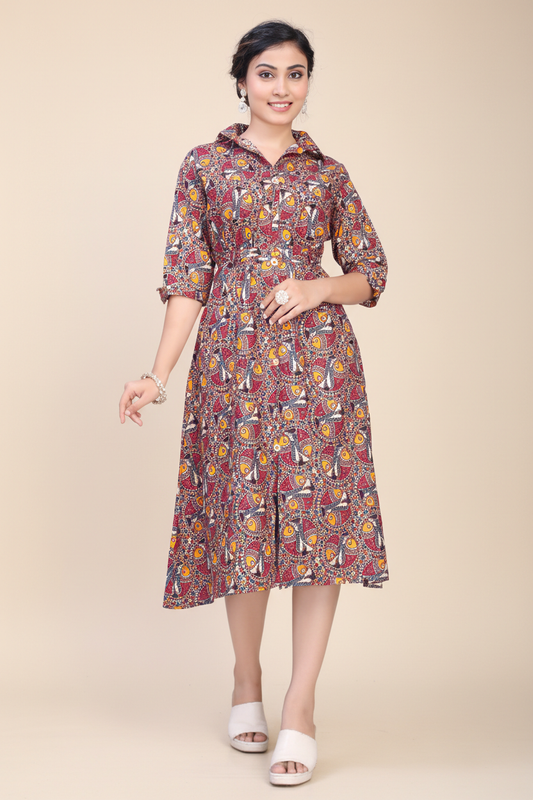 Owlsky Women Mustard & Maroon Ajrakh Printed Pure Cotton A-Line Shirt Dress One Piece
