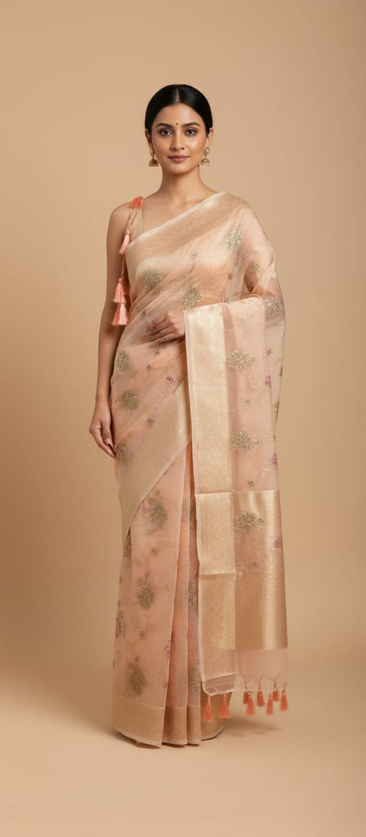 Owlsky Women Peach-Coloured Floral Organza Silk Saree with Woven Zari Border