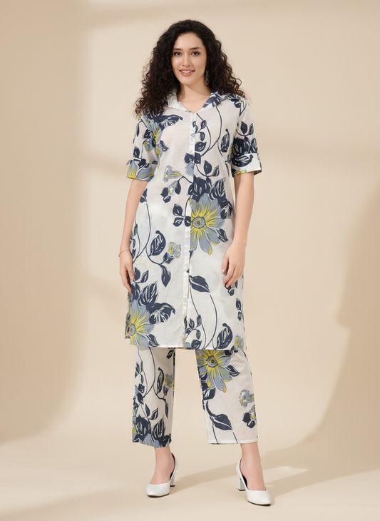Womenās Cotton Floral Printed Co-ord Set of Kurta and Pants | Stylish Casual Two-Piece Outfit | V Neck 3/4 Sleeve