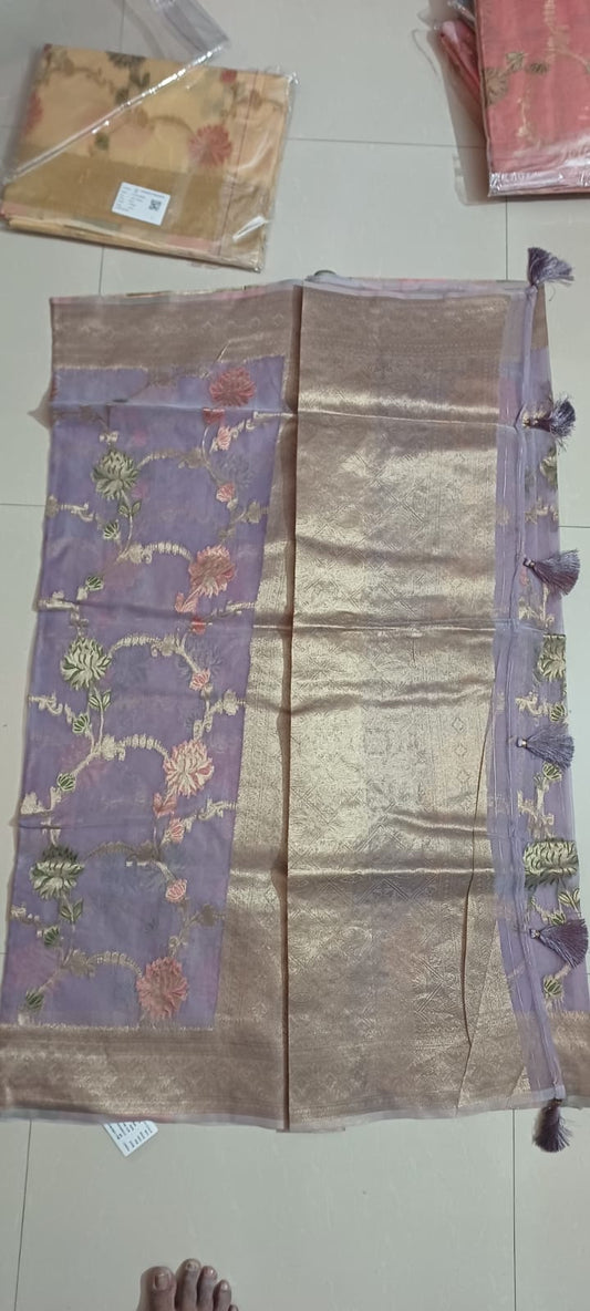 Owlsky Lavender & Gold-Toned Floral Woven Design Organza Silk Saree with Tassels