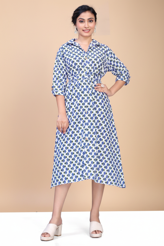 Owlsky Women Blue & White Floral Printed Pure Cotton A-Line Shirt Dress One Piece