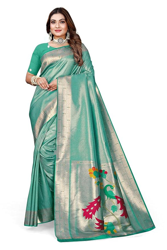 Owlsky Womenās Kanjivaram Silk Saree with Beautiful Paithani Rich Pallu | Design Work Zari Woven Kanjivaram Silk Style Saree With Soft Lichi Silk Blouse Sea Green
