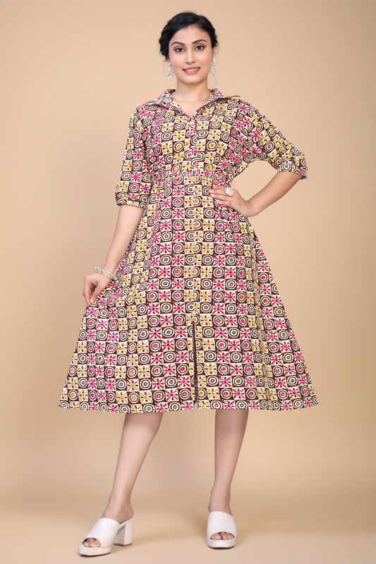 Owlsky Women Mustard & Maroon Geometric Printed Pure Cotton A-Line Shirt Dress One Piece