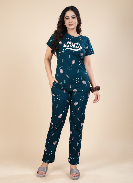 Owlsky Women Teal Blue Printed Hosiery Cotton Nightsuit