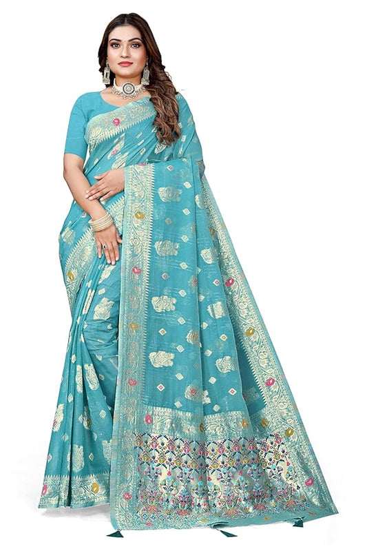 Owlsky Womenās Linen Tissue Silk Saree with Thread Weaving & Siroski Work | Included with Unstriched Blouse Piece | Sky Blue