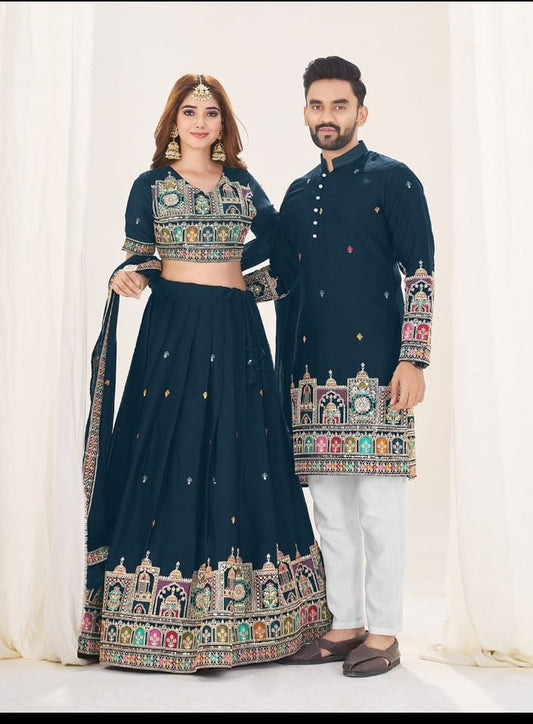 Owl Sky Couple Matching Embroidered Georgette Lehenga Choli & Menās Kurta Set with Sequins Work (Semi-Stitched, Wedding & Festive Wear) Navy Blue