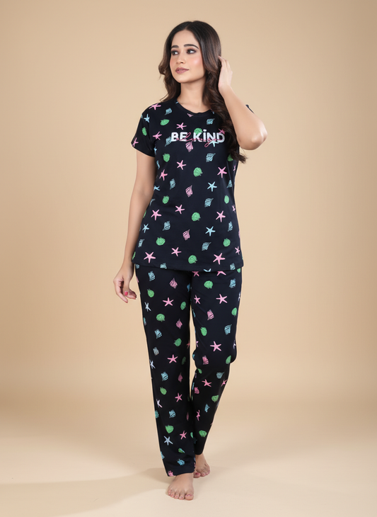 Owlsky Women Midnight Black Printed Hosiery Cotton Nightsuit