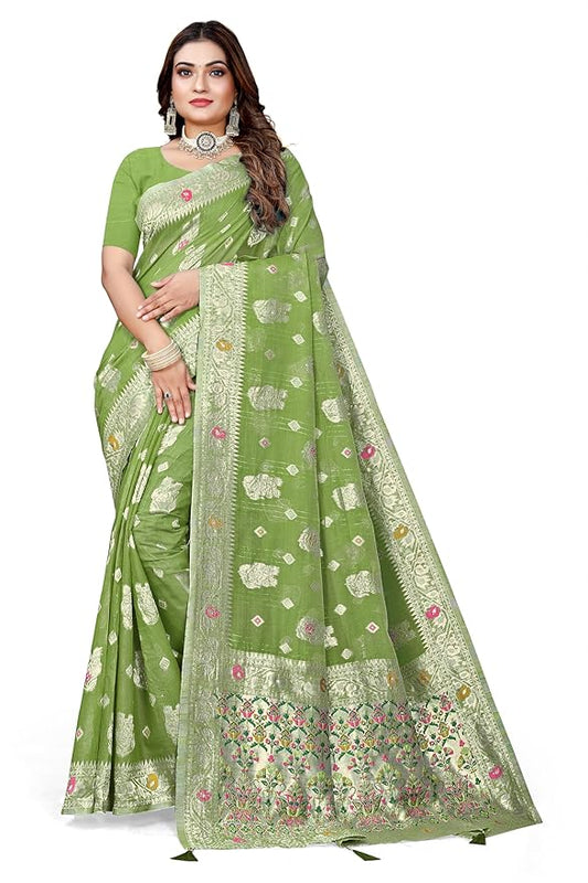 Owlsky Womenās Linen Tissue Silk Saree with Thread Weaving & Siroski Work | Included with Unstriched Blouse Piece | Pista Green