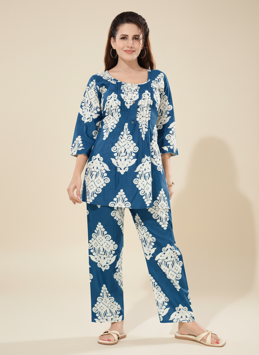 Owlsky Women Blue & White Ethnic Printed Pure Cotton Co-ord Set