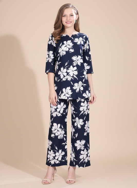 Owlsky Women Navy Blue & White Floral Printed Rayon Co-ord Set