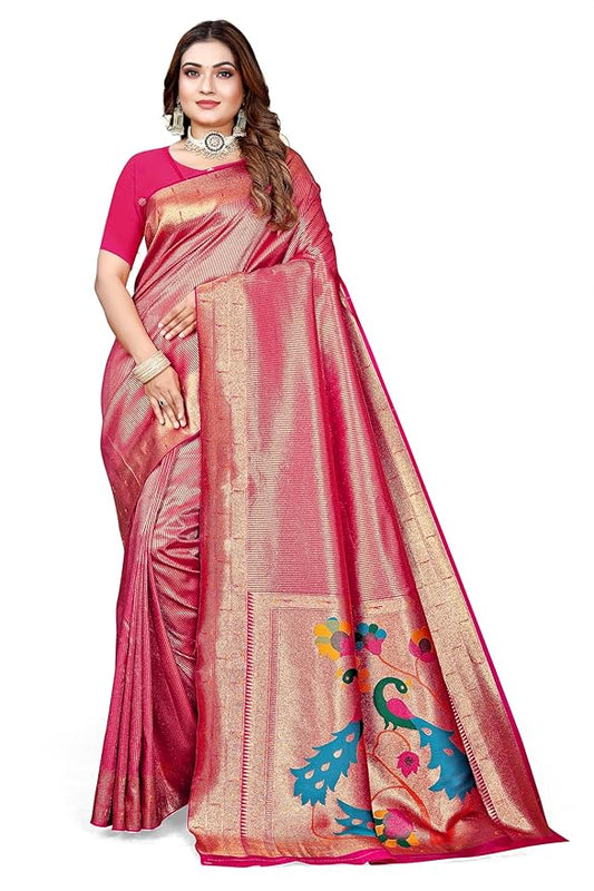 Owlsky Womenās Kanjivaram Silk Saree with Beautiful Paithani Rich Pallu | Design Work Zari Woven Kanjivaram Silk Style Saree With Soft Lichi Silk Blouse Rani Pink