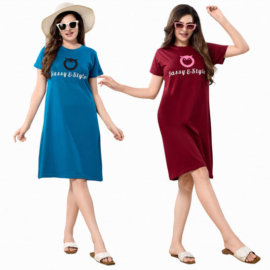 Women's Solid Printed Casual Relaxed Cotton Knee Length Regular Fit Nighty Combo Set of 2