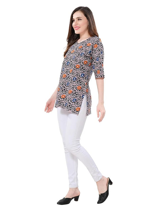 Owlsky Women’s Black Pure Cotton Ajrakh Print Short Kurti | Ethnic Top for Casual, Office 3/4th Sleeves | Batik Print