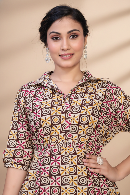 Owlsky Women Mustard & Maroon Geometric Printed Pure Cotton A-Line Shirt Dress One Piece