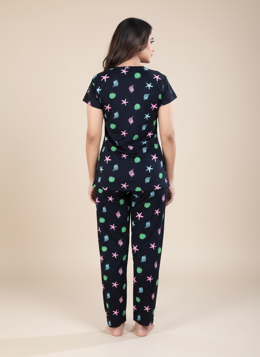 Owlsky Women Midnight Black Printed Hosiery Cotton Nightsuit
