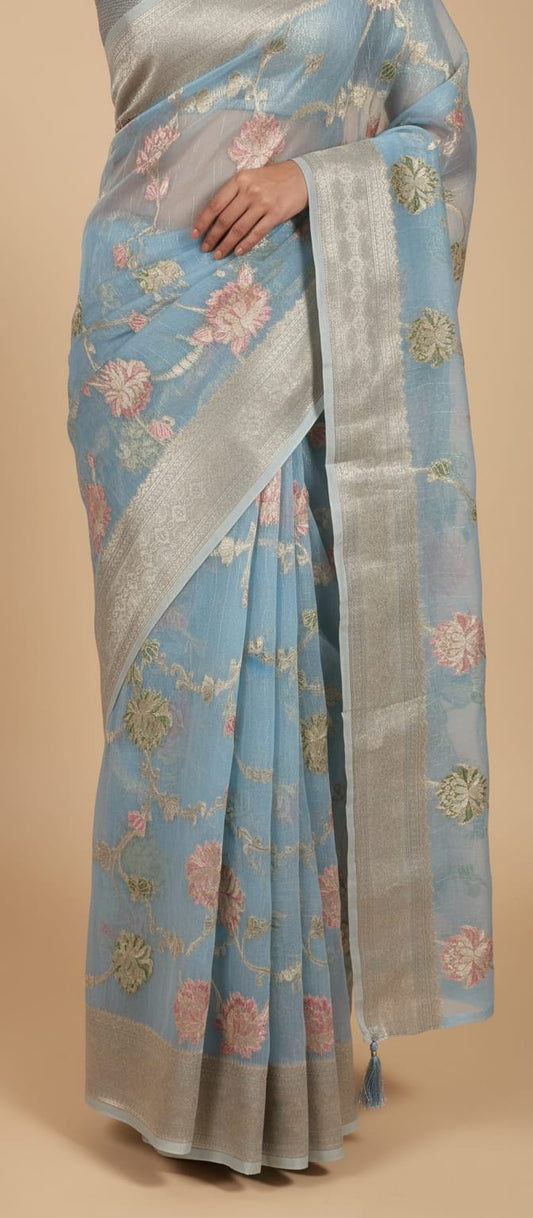 Owlsky Women Blue & Silver-Toned Floral Woven Design Organza Silk Saree with Tassels