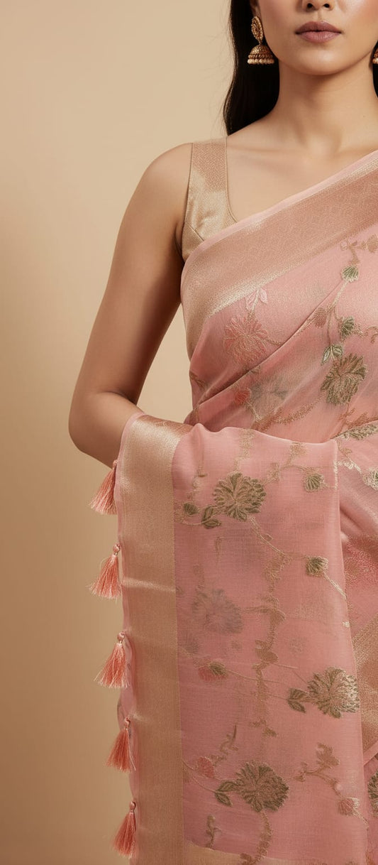 Women Pink Floral Weaving Organza Silk Saree with Woven Zari Border & Tassels