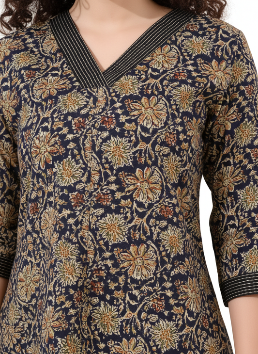 Owlsky Women Blue & Gold Ethnic Printed Pure Cotton Co-ord Set