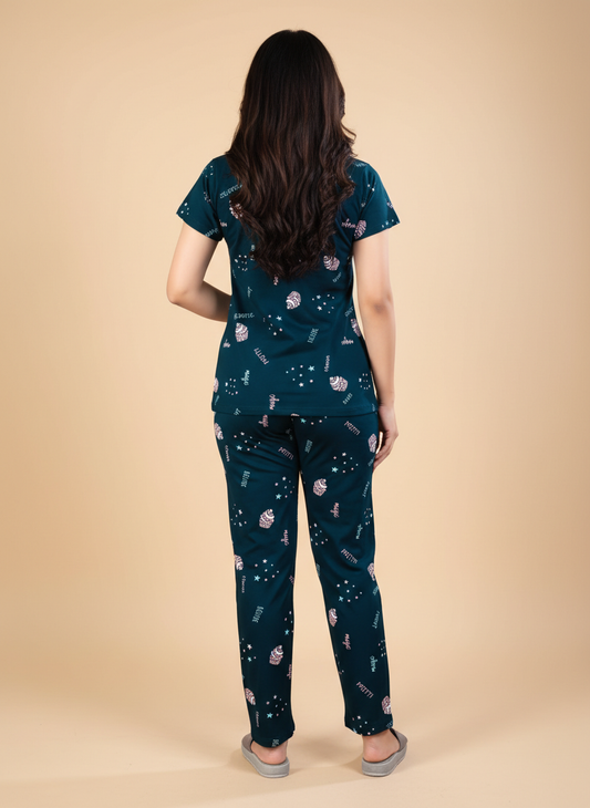Owlsky Women Teal Blue Printed Hosiery Cotton Nightsuit