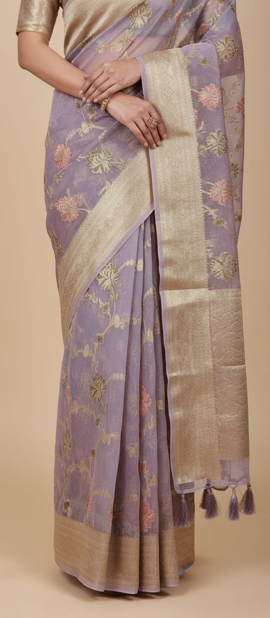 Owlsky Lavender & Gold-Toned Floral Woven Design Organza Silk Saree with Tassels