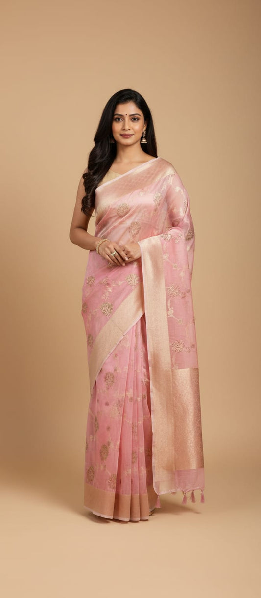 Owlsky Women Pink Organza Silk Floral Woven Zari Border Saree with Tassels