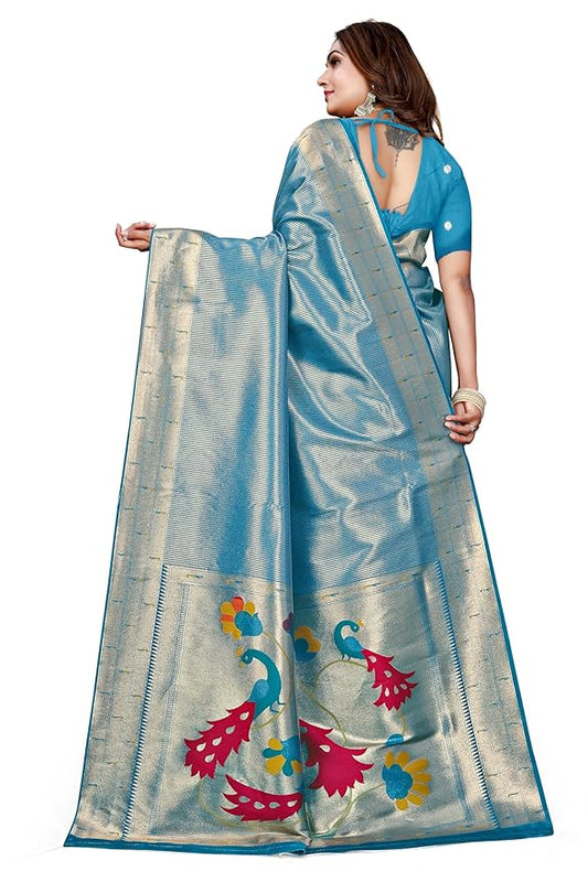 Owlsky Women’s Kanjivaram Silk Saree with Beautiful Paithani Rich Pallu | Design Work Zari Woven Kanjivaram Silk Style Saree With Soft Lichi Silk Blouse Sky Blue