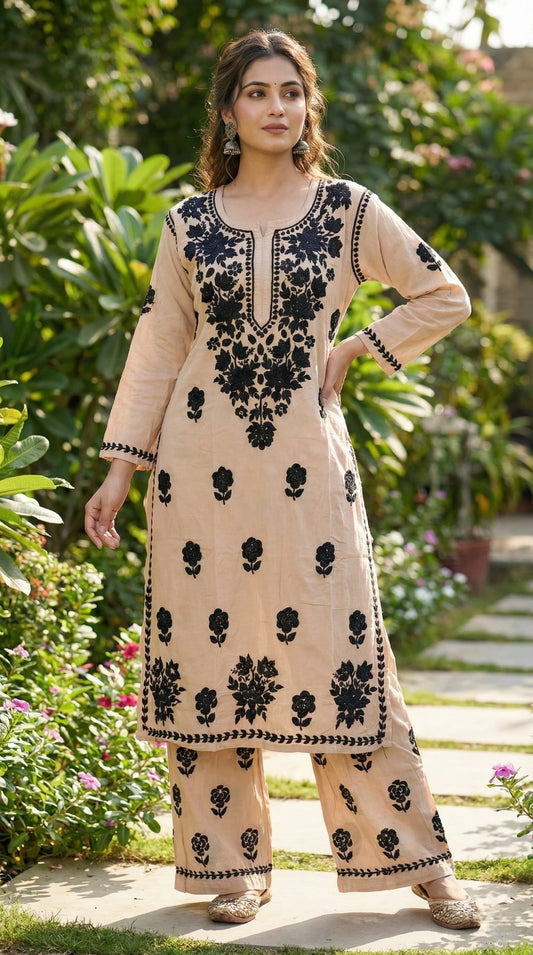 Owlsky Women Beige Lakhnavi Chikankari Modal Kurta with Palazzos