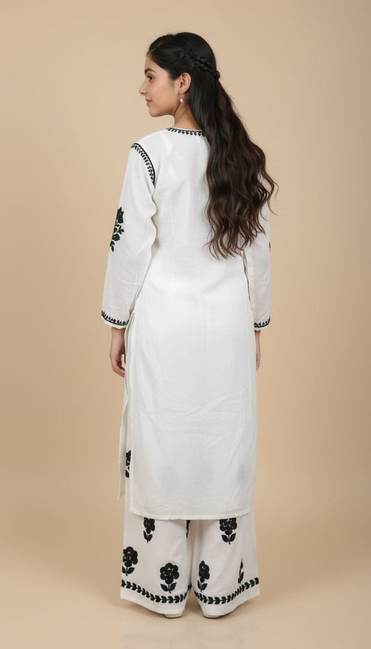 Owlsky Women Beige Lakhnavi Chikankari Modal Kurta with Palazzos-White