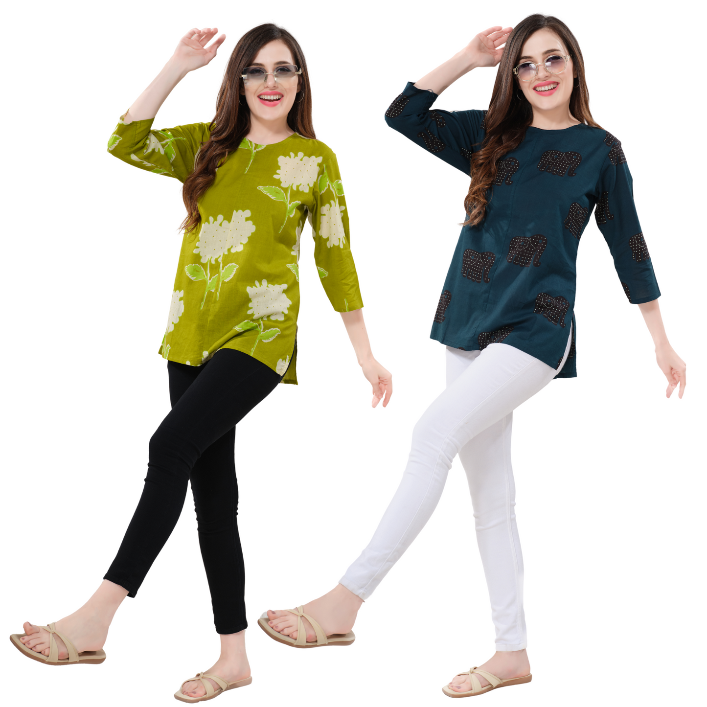Owlsky Women’s Pure Cotton Jaipuri Printed Short Kurti Combo Pack of 2 – Free Size Green and Blue