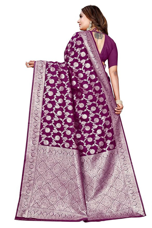 Owl Sky Women's Kanjivaram Soft Lichi Silk Saree with Silver Zari Floral Weave | With Unstiched Blouse Piece | Elegant Lightweight Indian Ethnic Sari | Wine