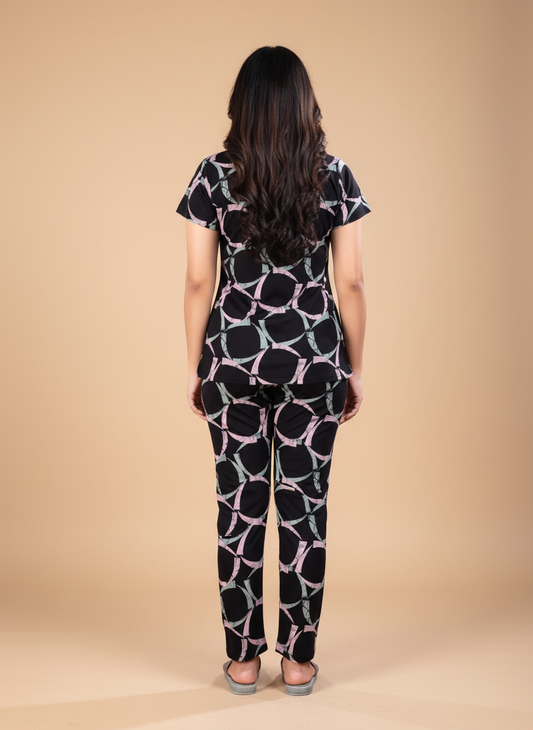 Owlsky Women Charcoal Black Geometric Printed Hosiery Cotton Nightsuit