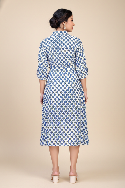 Owlsky Women Blue & White Floral Printed Pure Cotton A-Line Shirt Dress One Piece