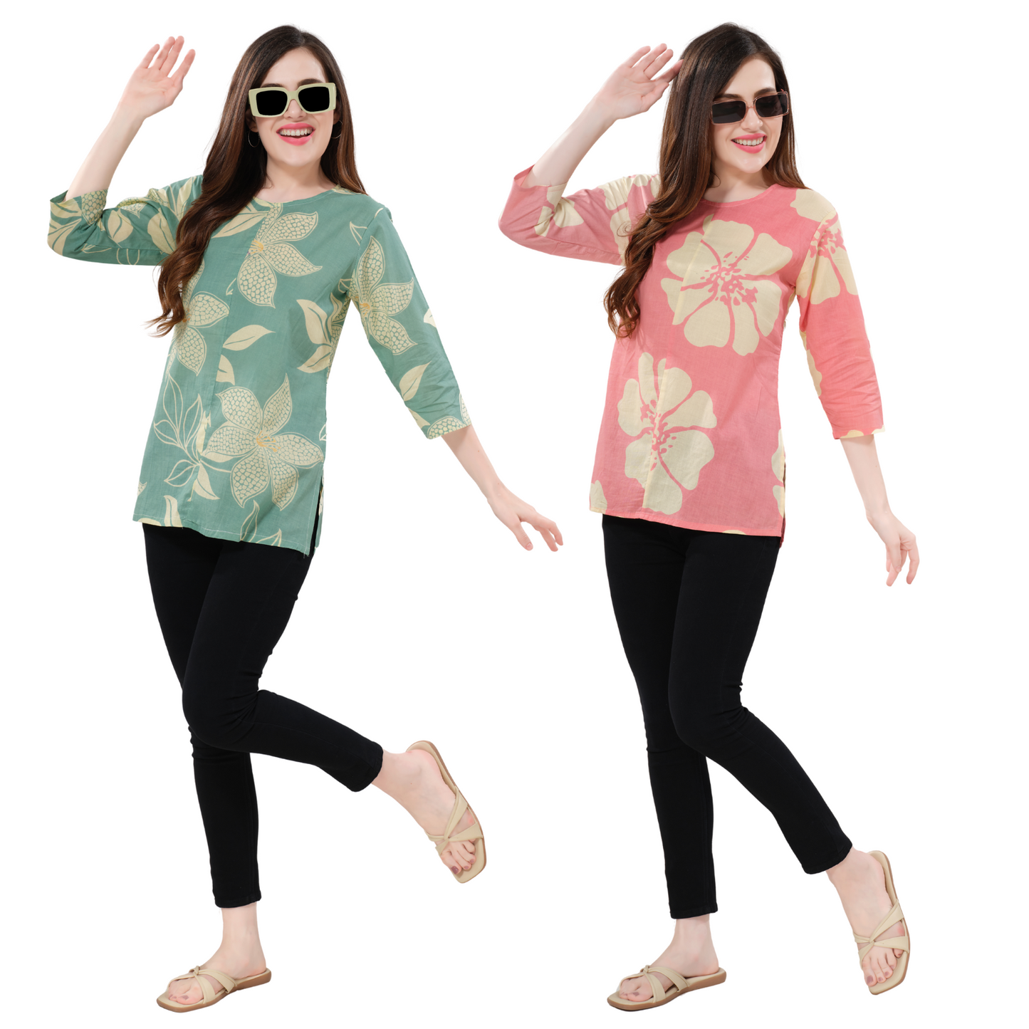 Owlsky Women’s Pure Cotton Jaipuri Printed Short Kurti Combo Pack of 2 – Free Size Sea blue and Pink