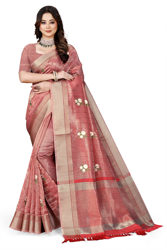 OWLSKY, SASSY & STYLO Women's Latest Elegant Linen Saree Foil Print work with Unstitched Blouse | Traditional Festive Collection Rose Pink